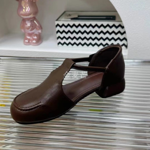 3Cm/Cowhide/French Thick Heel Thin Square Toe Velcro Toe Sandals