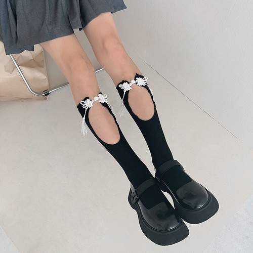 Millennial hottie y2k Chinese style buckle tassel hollow fungus mid-calf socks Japanese jk fashionable calf socks for women