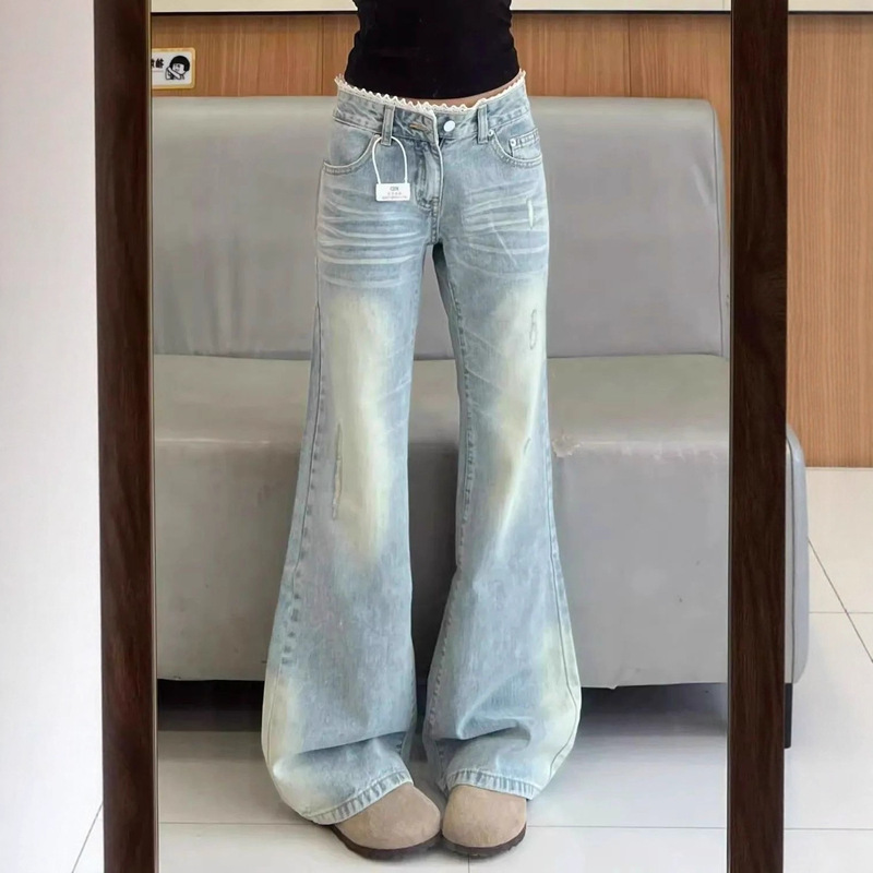 American Light Blue Lace Micro-Flared Jeans for Women 2025 Autum New Splicing Design Micro-Flared Pants