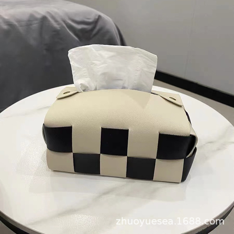DIY 가죽 짠 티슈 상자 창조적 인 새로운 바둑판 흑백 종이 상자 PU 가정용 티슈 보관 상자