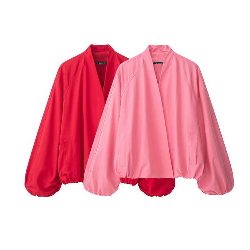 PB&ZA cross-border women's double-breasted snap-button V-neck puff sleeve solid color bomber jacket 5247049 PB&ZA cross-border women's double-breasted snap-button V-neck puff sleeve solid color bomber jacket 5247049