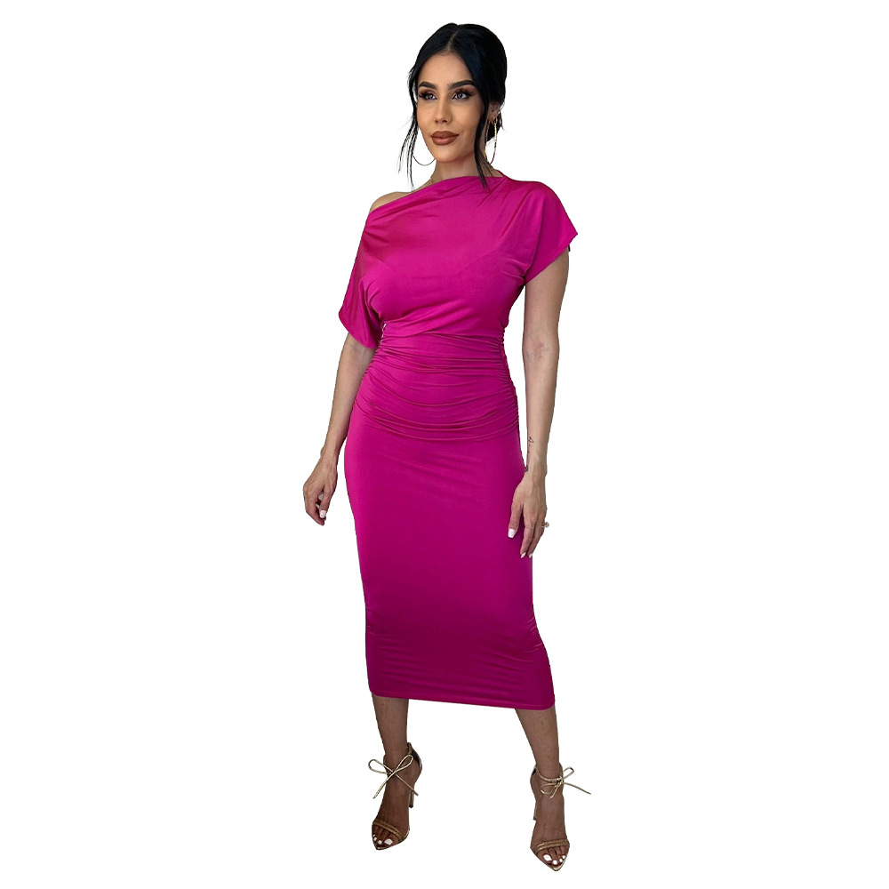 Women Clothing Popular Solid Color Pleated Slim-Fit Oblique Shoulder Dress 26 Women Clothing Popular Solid Color Pleated Slim-Fit Oblique Shoulder Dress