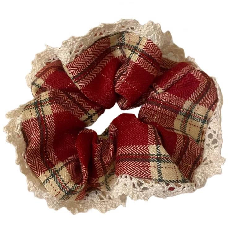 Ballet College Style New Year red plaid fabric large intestine ring French retro hair band hair rope tie ball head hair accessories_voghion.com