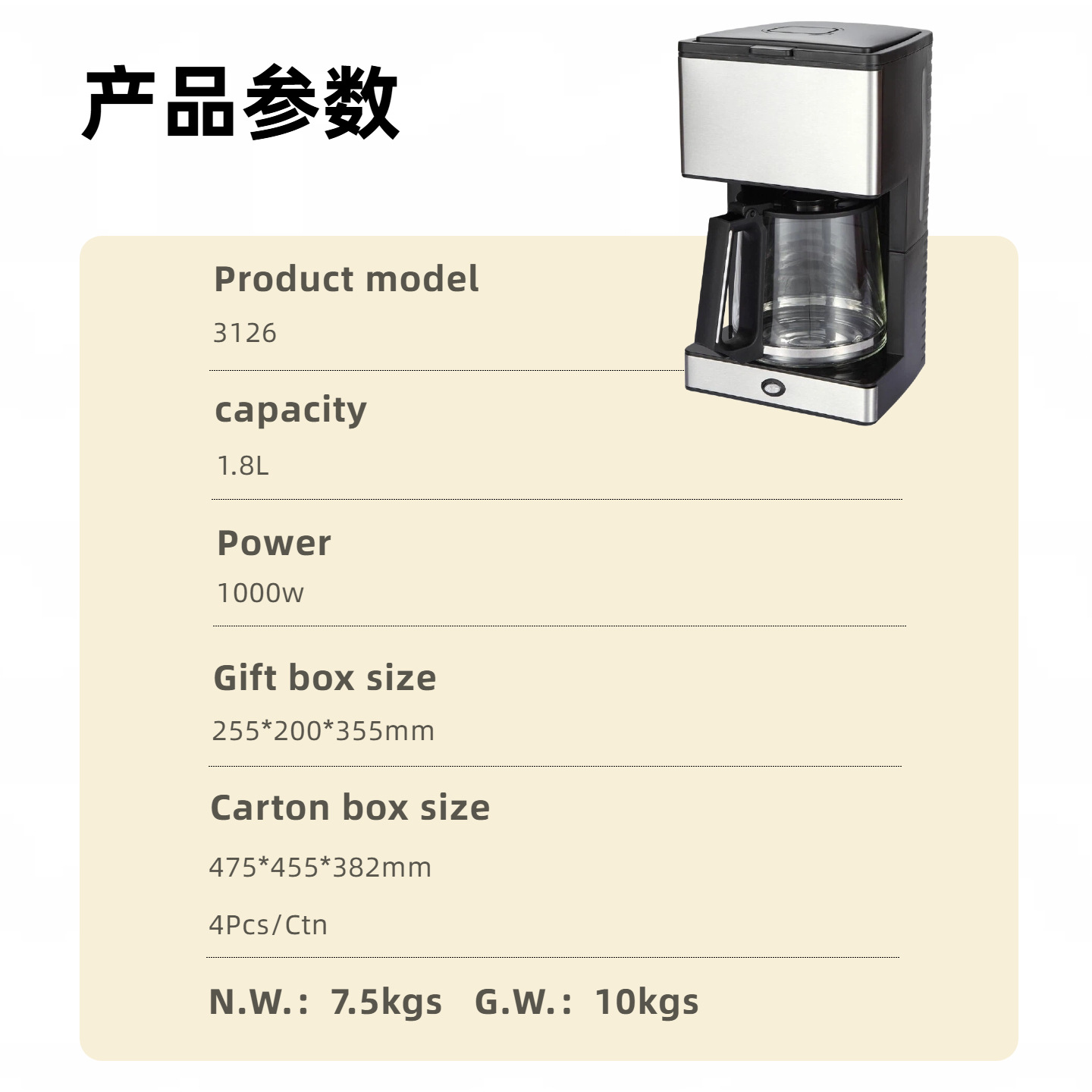 Cafetera de Goteo 1.8L 1000W de Plástico con Función de Calentamiento para Hogar
