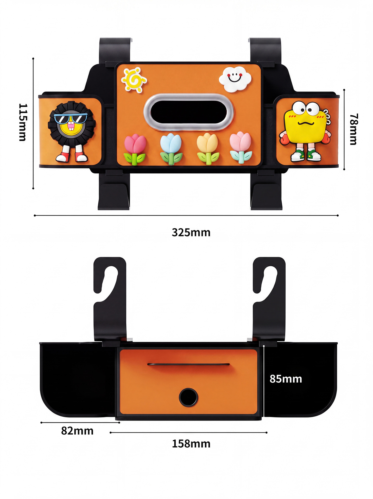 Car seat tissue box, rear storage box, in-car hook organizer, car seat back multifunctional cup holder, cartoon design