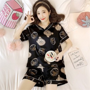 Foreign Trade Cross-border Short-sleeved Ice Silk V-neck Pajamas Female Summer Cartoon Sweet Cute Girl Student Home Clothes Can be Wearable