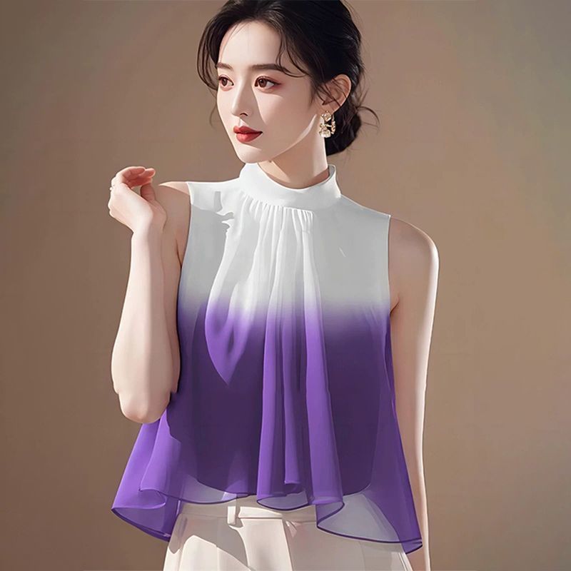 今年流行仙气飘飘酒红无袖雪纺背心女款夏季洋气高端别致挂脖上衣|undefined