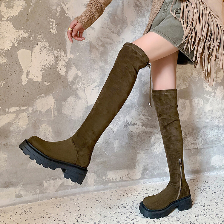 Suede fashionable elastic high boots square toe with zipper with…