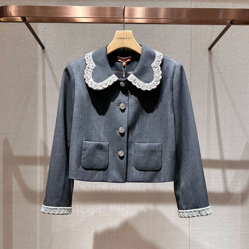 Autumn Grey Doll Collar Single-breasted Long-sleeved Nail Drill Short Jacket Top Women's Q860702A