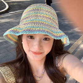 草编渔夫帽女夏季ins透气显脸小水桶帽大帽檐遮阳防晒海边草帽子