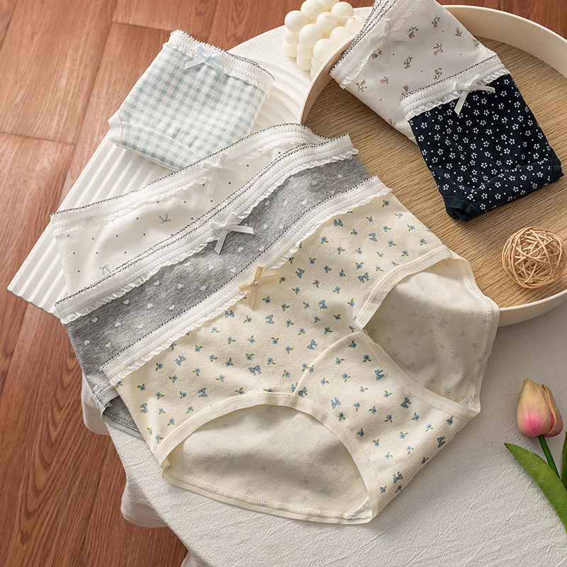 Extended Pure Cotton Crotch Girls Floral Pure Cotton Underwear Women's 10A Antibacterial Sweet Bow Mid-Waist Women's Briefs