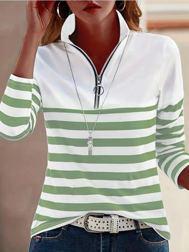 Women's striped half-zipper stand-collar hoodie long-sleeved multicolored casual fashion commuting daily all-matching loose top
