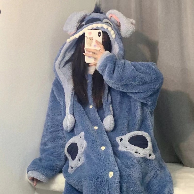 美楽兎フード付きコーラルフリースパジャマカップル冬の新型美楽ティ厚手ホームウェアセット|undefined
