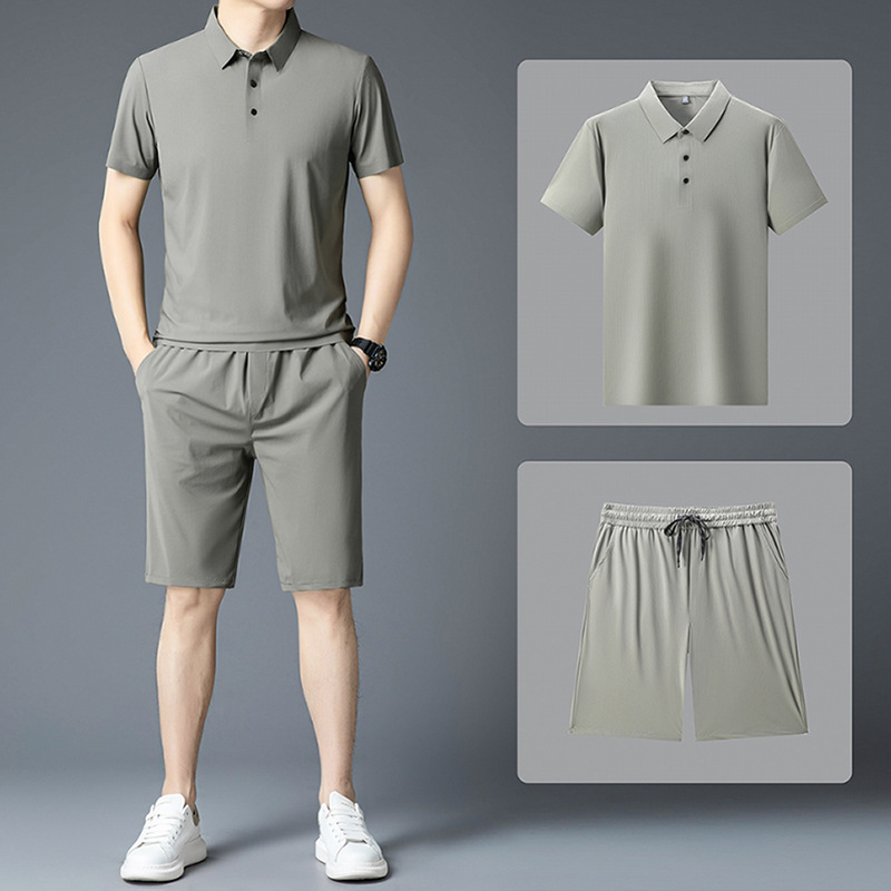Men's Short-Sleeved T-Shirt and Shorts Two-Piece Set for Men, Summer Ice Silk Seamless Thin Casual Suit for Middle-Aged Dads
