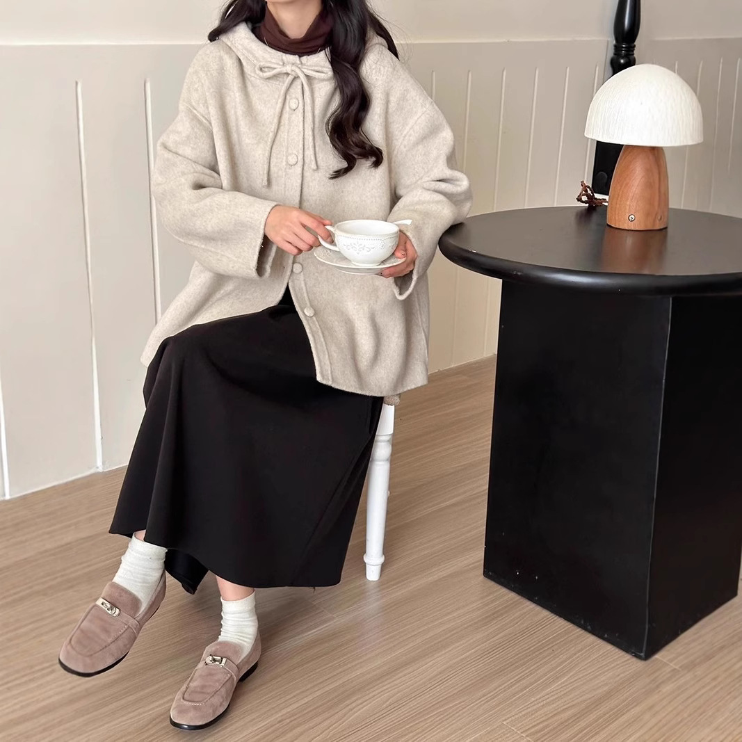Demi-season double-sided cashmere short woolen woolen coat with hood…