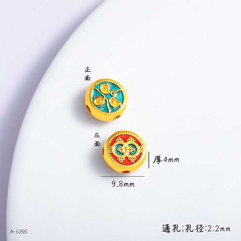 Copper Gold-Plated DIY Jewelry Accessories Wholesale, High Color Retention, Enamel Small Spacer Beads with Fortune Character, Through-Hole Enamel Jewelry