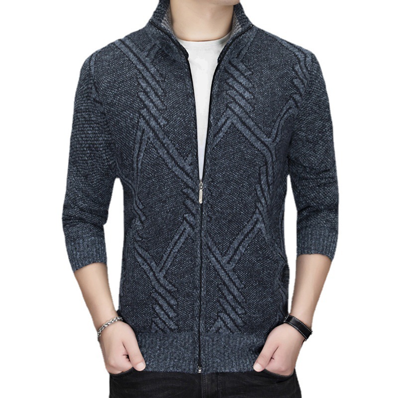 Chaqueta de invierno transfronteriza suéter de los hombres de manga larga collar de pie forrado de lana gruesa de los hombres suéter jacquard chaqueta de los hombres