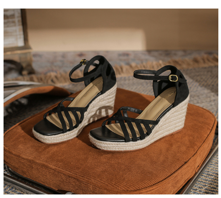 Sandal cao gót nữ hở mũi đế xuồng bọc dây thừng gót 9 cm — màu đen chi tiết 22