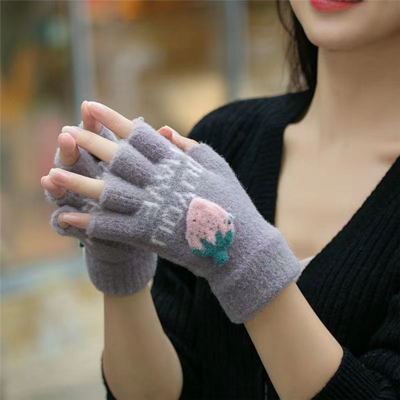 Invierno de las mujeres cálido forrado de lana engrosada estudiante escritura de moda montar lindo punto medio dedo flip guantes de dibujos animados