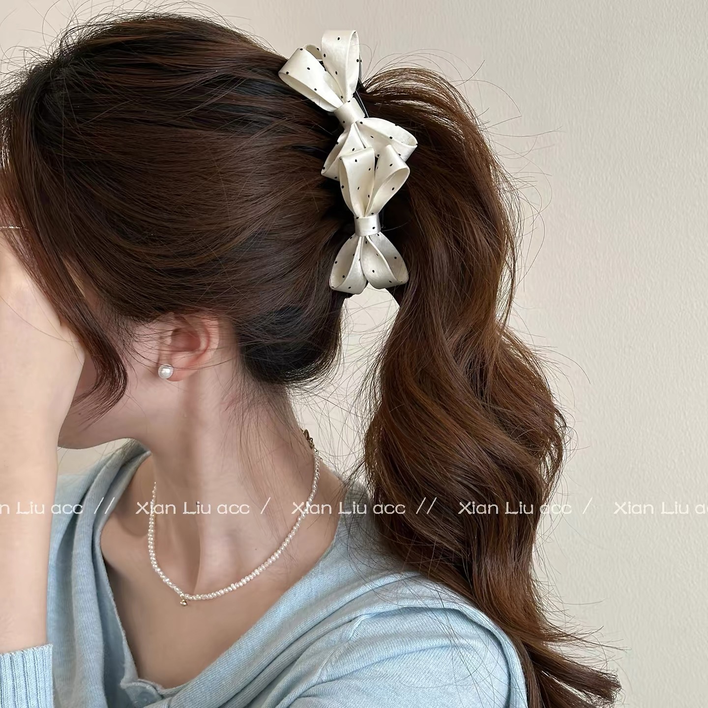 97# white satin polka dot double bow banana twist hair clip - 13cm