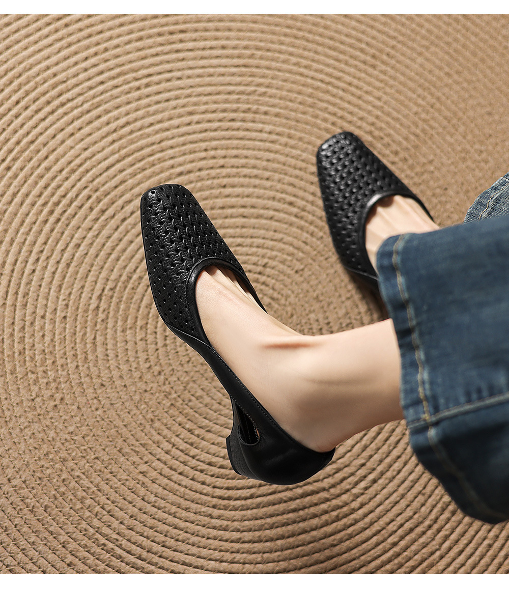Giày sandal nữ mũi vuông gót thấp 3,5 cm da cừu đục lỗ hở mũi — đen chi tiết 18
