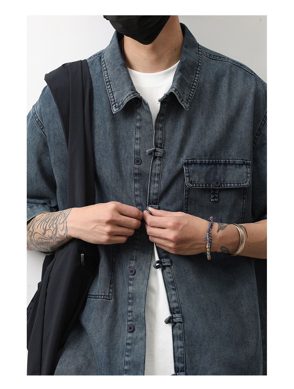 1 Denim Short Sleeve Summer New Chinese Niche Design Button Dark Blue Shirt Men's National Style Jacket Trendy_voghion.com