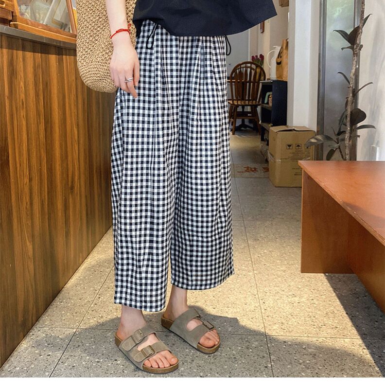 Summer Pregnant Women's Black and White Plaid Cropped Casual Pants Pregnant Women's Drawstring Waist Loose Wide-leg Radish Pants Cropped Pants