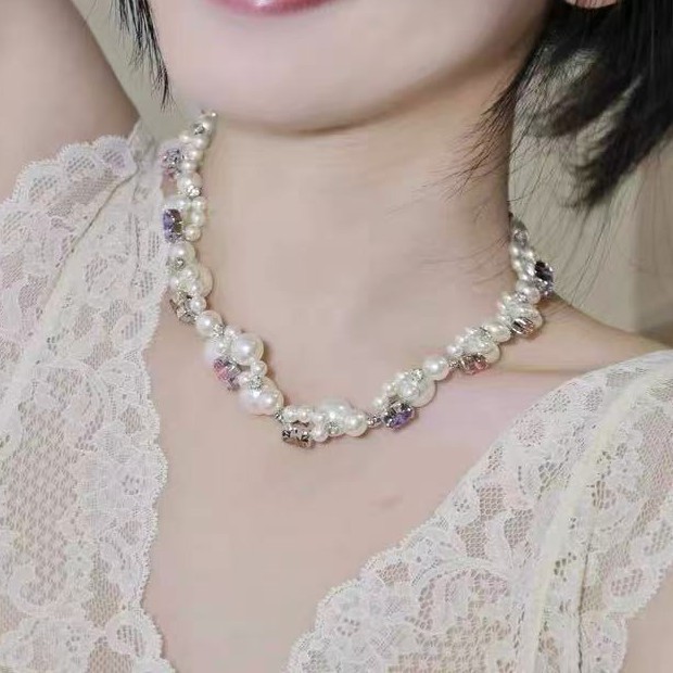亚马逊跨境饰品马卡龙爱心珍珠项链双层小众轻奢气质高级感锁骨链|undefined
