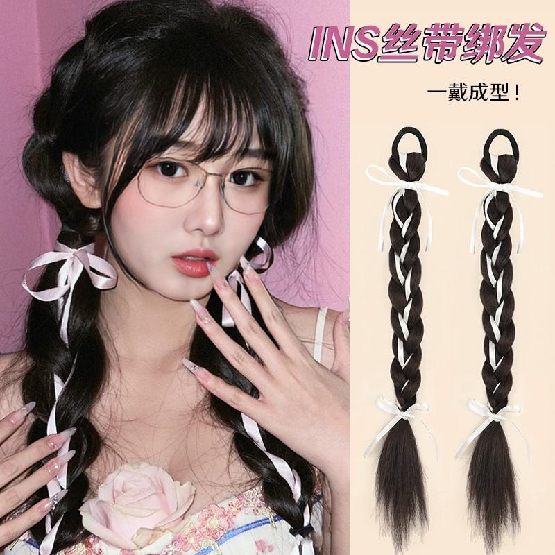 Bow tie double ponytail wig braid female summer ribbon braided cute artificial natural twist braid