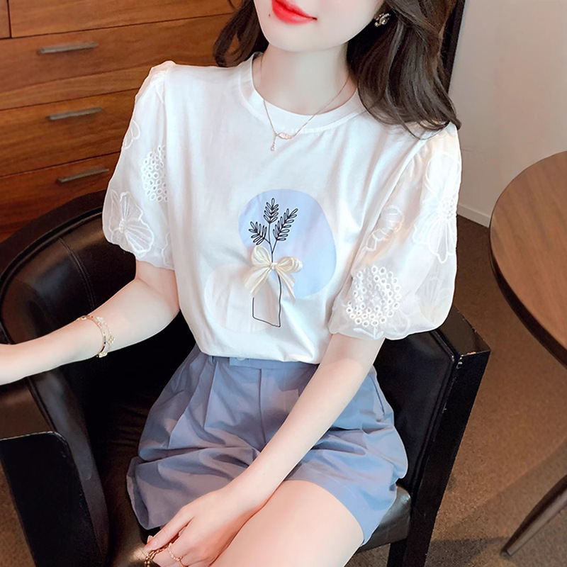 Outlet Mall Clearance Lace Puff Sleeve Fashion Short-Sleeve Printed Top Age-Reducing Trendy T-Shirt for Women