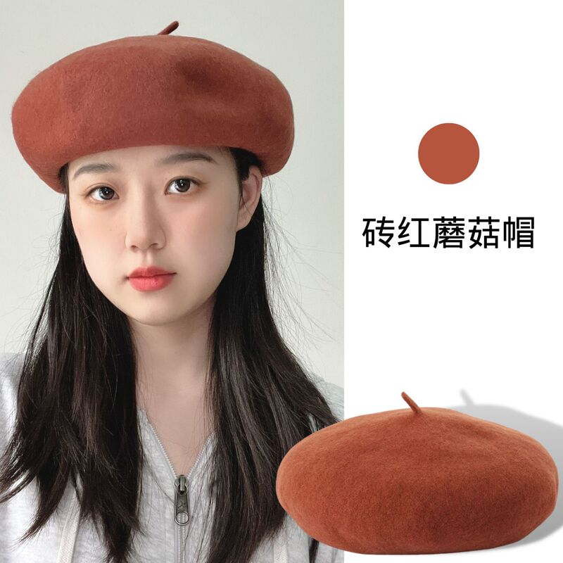 新款秋冬羊毛贝雷帽子女时尚羊绒蘑菇帽深檐大头围立体画家帽批发|undefined