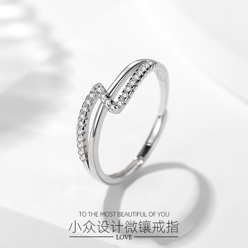 Plata esterlina s925 línea anillo femenino estilo japonés y coreano diseño cruzado anillo femenino completo diamante ins estilo neto rojo moda