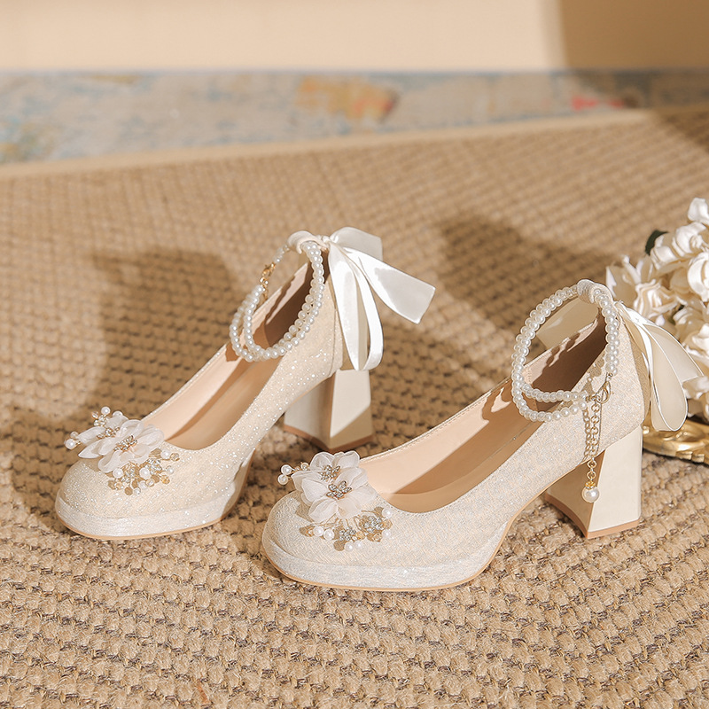 Shoes Bride Xiuhe Wedding Dress Two-Wear Princess Fairy Ancient Style Beautiful Flower Bridesmaid Thick Heel High Heels Waterproof Platform