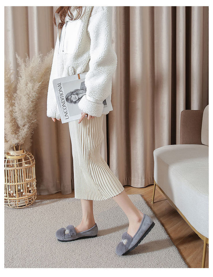 Giày lười nữ bệt lông thỏ giữ ấm cổ thấp — Màu xám, Màu đen chi tiết 18