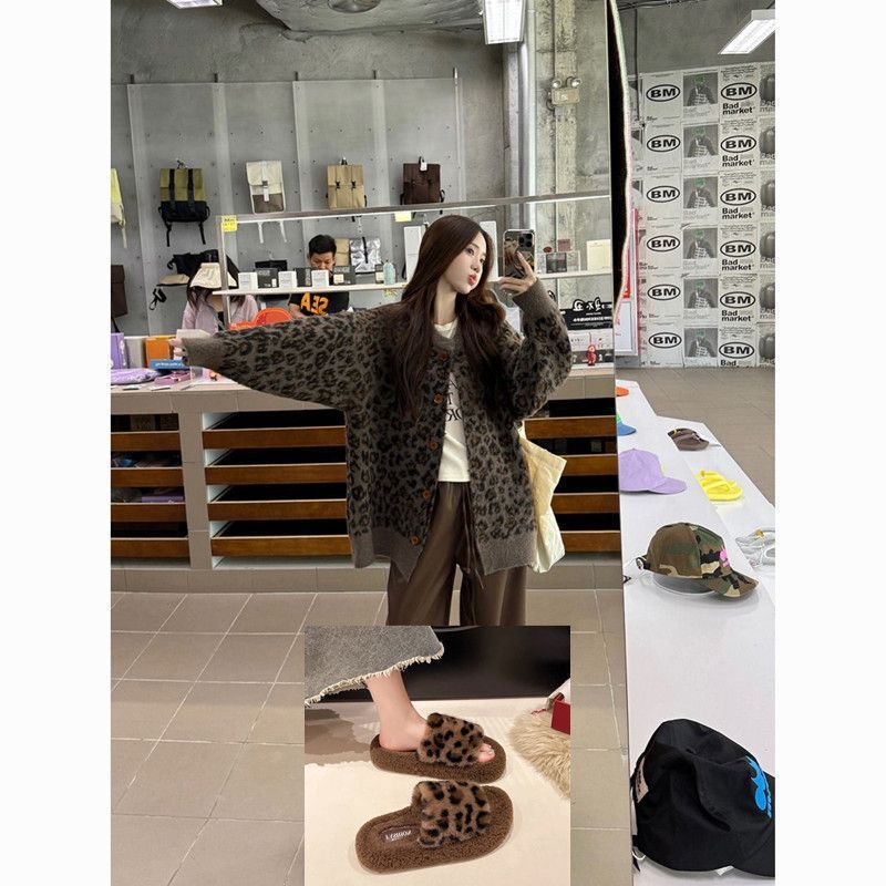 可爱kitty猫豹纹毛毛拖鞋女秋冬季外穿保暖家居棉拖鞋防滑一字拖|undefined