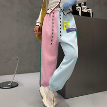 拼接撞色加绒运动裤女2025秋冬新款小个子显瘦百搭束脚裤宽松卫裤