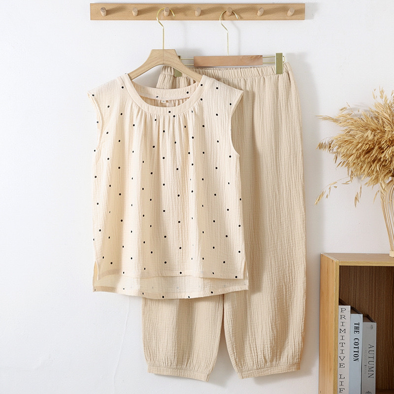 Combed Cotton 여성용 민소매 조끼 파자마 여름 스위트 코튼 더블 레이어 원사 얇은 바지 홈웨어 도매