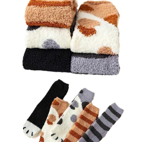 Thickened warm coral velvet cat claw socks for girls, confinement socks, floor socks, autumn and winter sleep socks, mid-calf socks