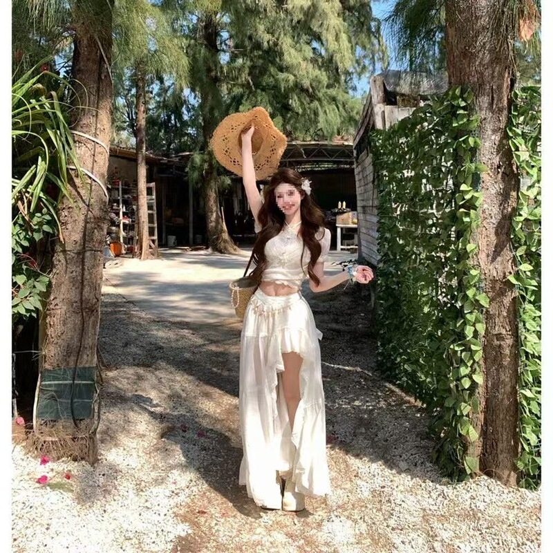 Our Summer Beach Bohemian Style Skirt, Camisole Top, Irregular Long Skirt Three-Piece Set, Available for Dropshipping