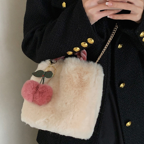 Cute Cherry Girl Plush Handbag Women Korean Style New Autumn and Winter Furry Shoulder Messenger Bag