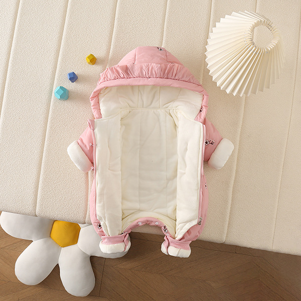 Abrigo de una pieza con tapeta con cremallera para bebé, engrosado y vellón con capucha 6-12 meses de salida, mamelero de algodón grueso bordado con capucha