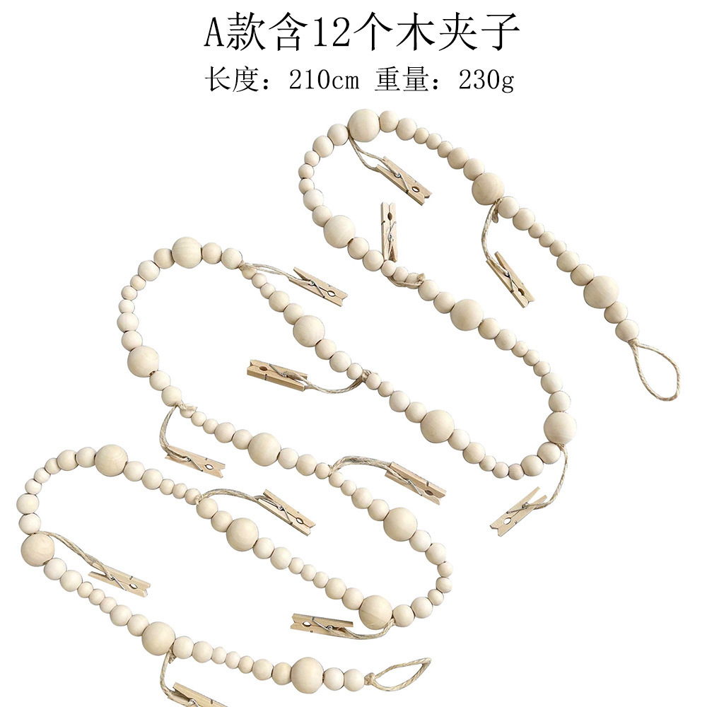 Visualización de fotos colgantes de cuentas de madera Color de madera Cuentas de madera de hilo de cáñamo Clip de madera con flecos Decoración de almacenamiento de fotos