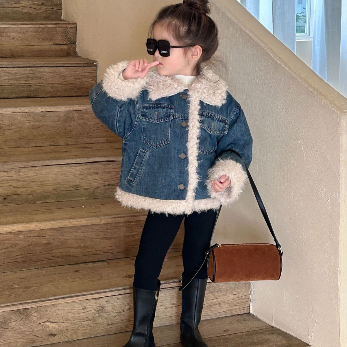 2023 Winter New Children's Clothing Korean Style Girls' Padded and Thick Denim Jacket Trendy Denim Jacket