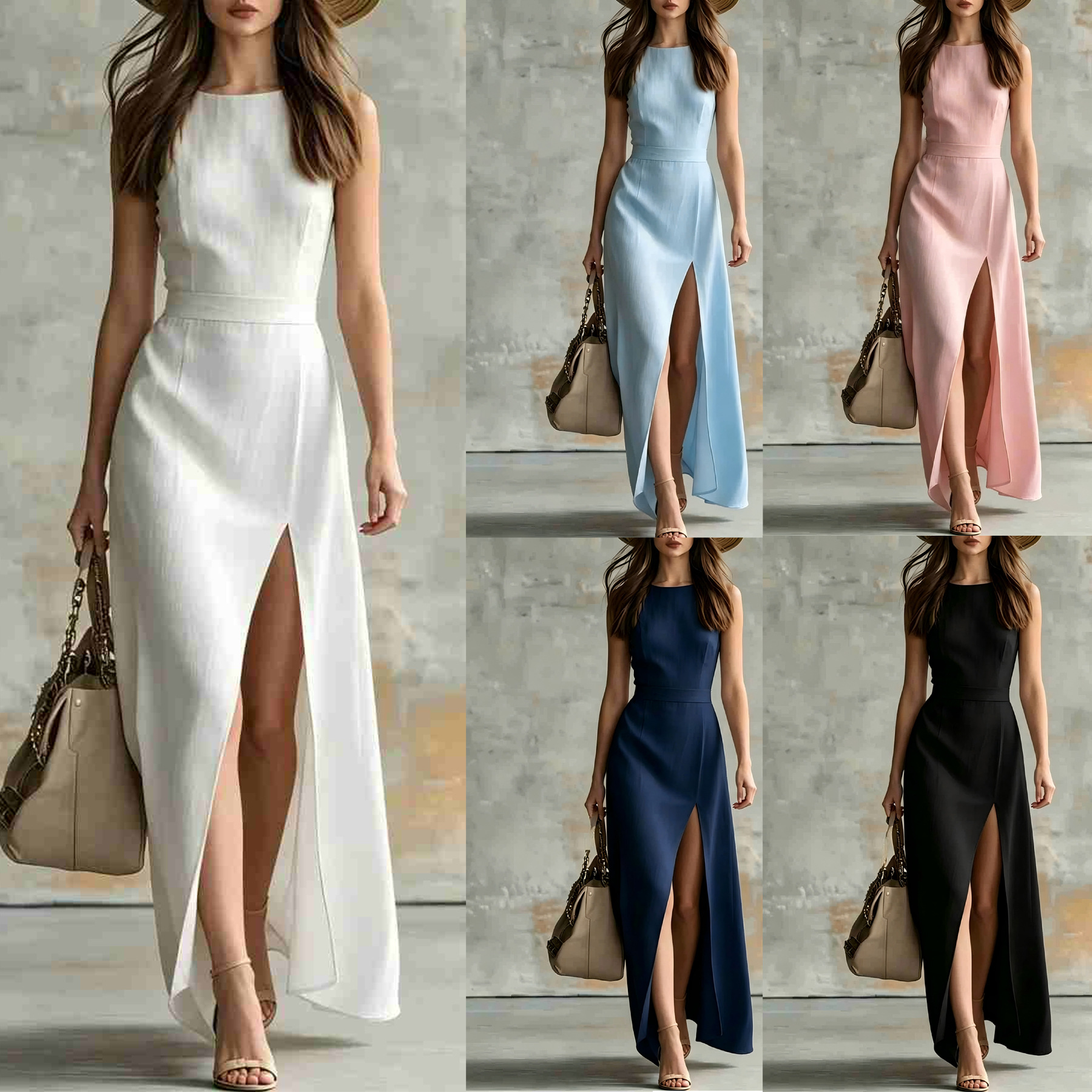 European and American Cross-Border New Style Women's Elegant Round-Neck Sleeveless Side-Slit Cotton and Linen Solid Color Dress