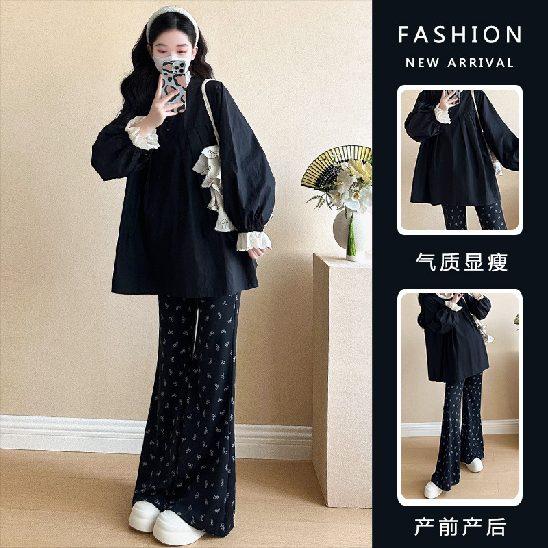 임산부 정장 초봄 신상 원목 귀 가장자리 스티칭 플리츠 긴팔 셔츠 + 프린트 플레어 팬츠 투피스 정장