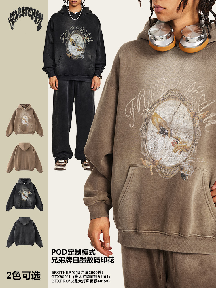 2025 otoño estilo de moda estadounidense impresión retro camiseta encapuchada chaqueta de hombre chaqueta de hombro suelta