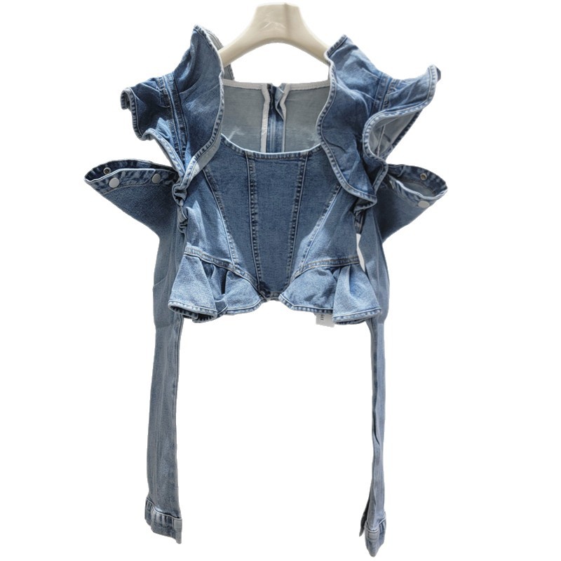 Primavera y verano nuevo estilo de moda estereoscópico borde de hoja de loto abierto mangas largas delgadas delgadas elásticas chaqueta de vaqueros image 5