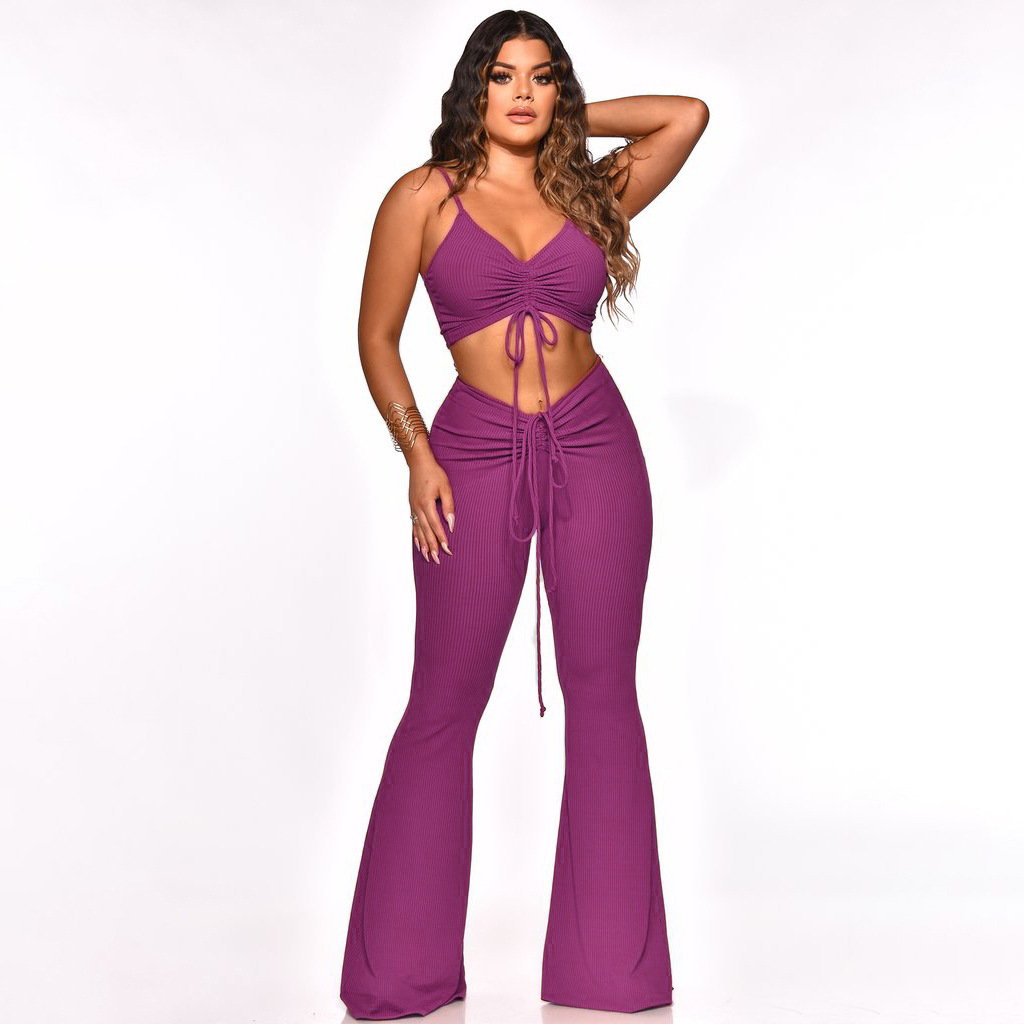 Solid Color Pit Strip Vest and bootcut Pants Two-piece Set NSXLY119217