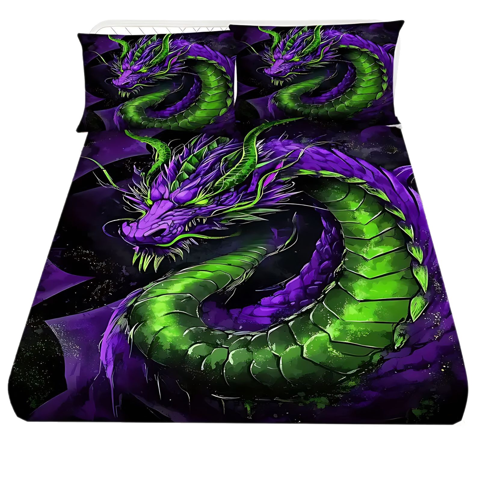 TEMU / JIT multicolor cool dragón de impresión digital 3D cama de cama de cama kit de almohada exclusivo a través de la frontera