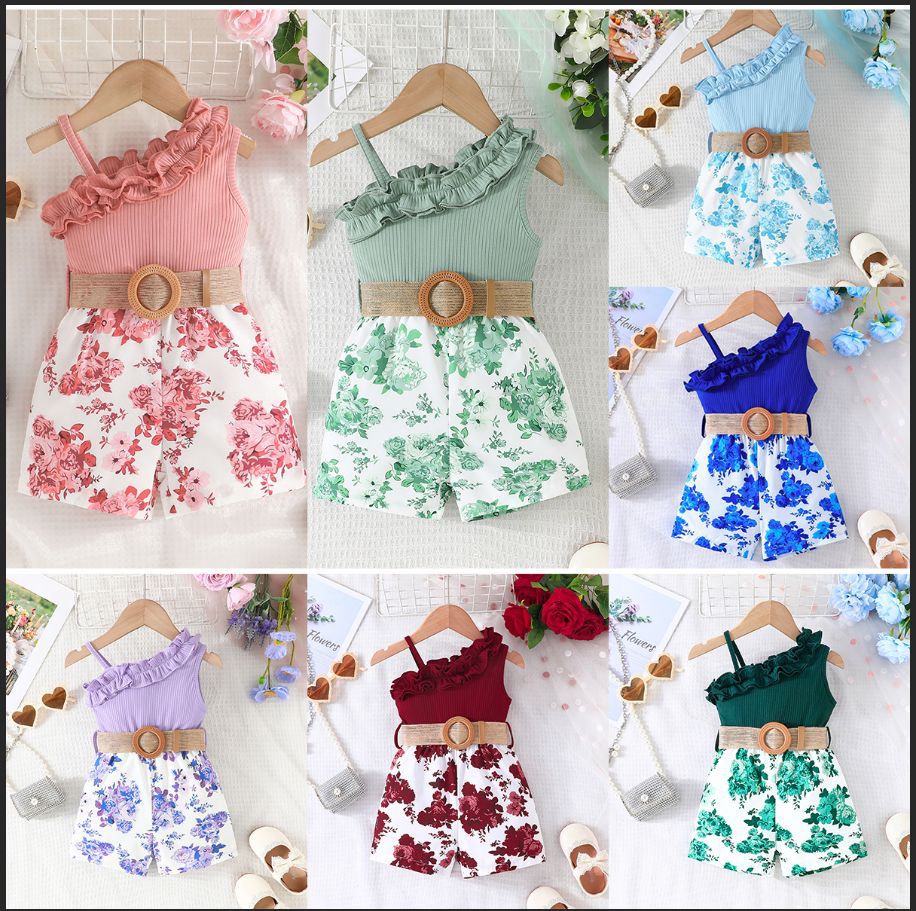 2024 transfronterizo nuevo verano sin mangas correa de encaje escote costura flor imprimir mono en stock al por mayor